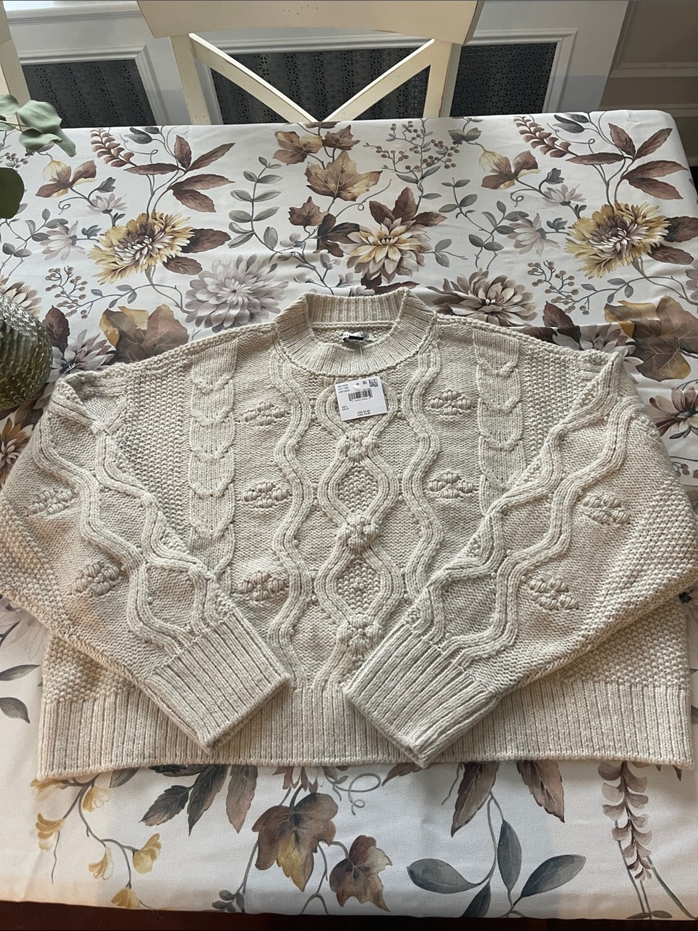 American Eagle Outfitters Cream Cable Knit Crewneck Sweater with pearls